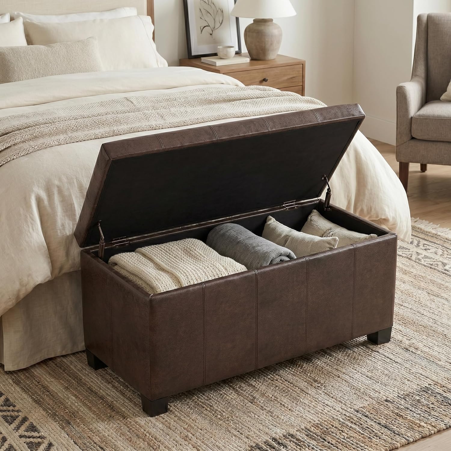SIMPLIHOME Dover Storage Ottoman Bench - 36 inch Wide Upholstered Vegan Leather Rectangular Lift-Top Ottoman in Distressed Brown, Contemporary Bench for Living Room with Safety Hinges