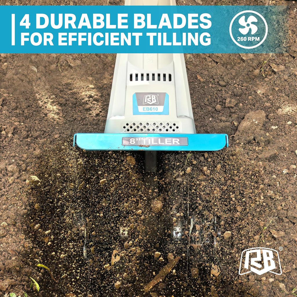RB 40V Cordless Tiller Cultivator with Battery for Narrow Garden Areas | 8-inch tilling width & 7-inch depth. Foldable design for small gardens. For soil cultivation, raised beds, and narrow rows.