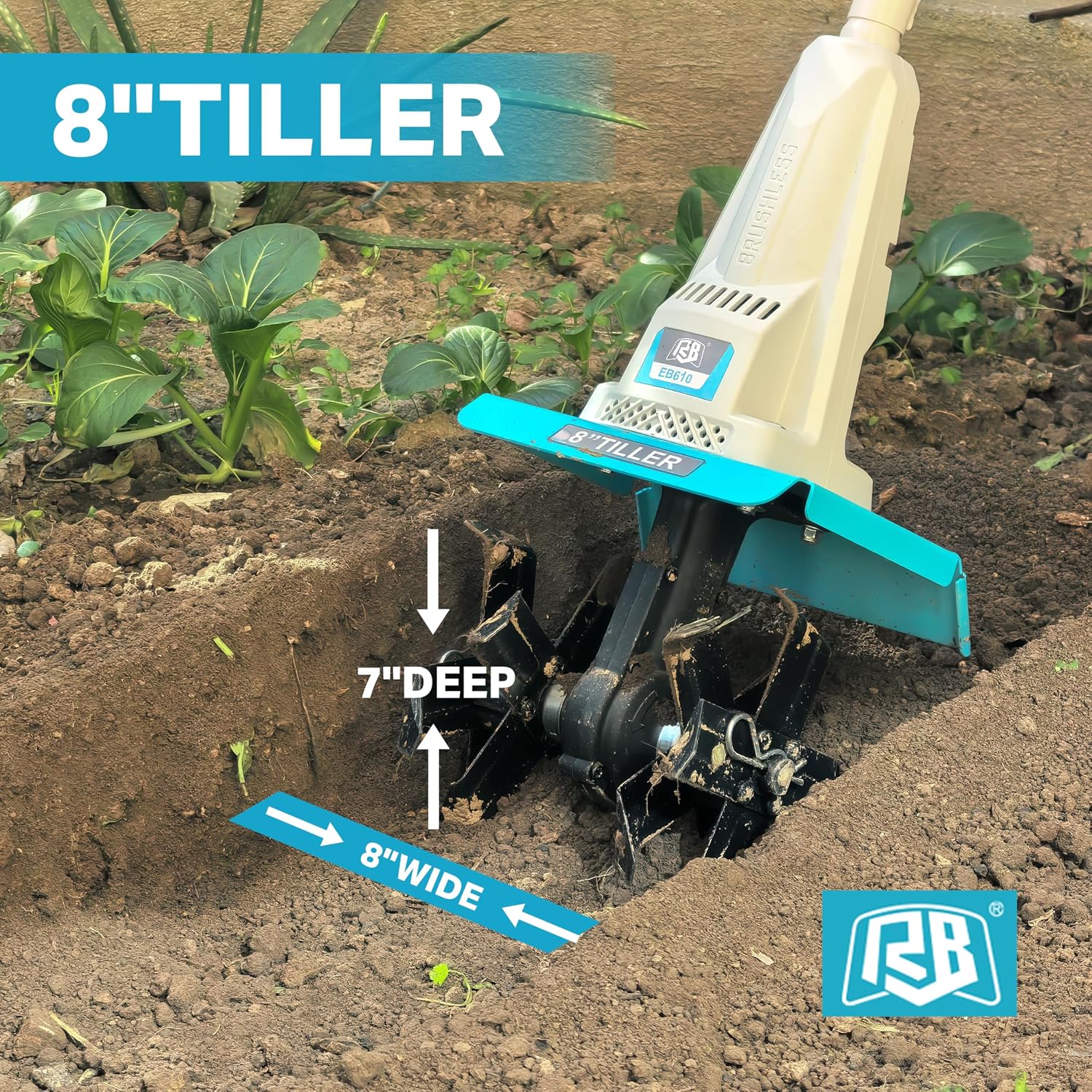RB 40V Cordless Tiller Cultivator with Battery for Narrow Garden Areas | 8-inch tilling width & 7-inch depth. Foldable design for small gardens. For soil cultivation, raised beds, and narrow rows.