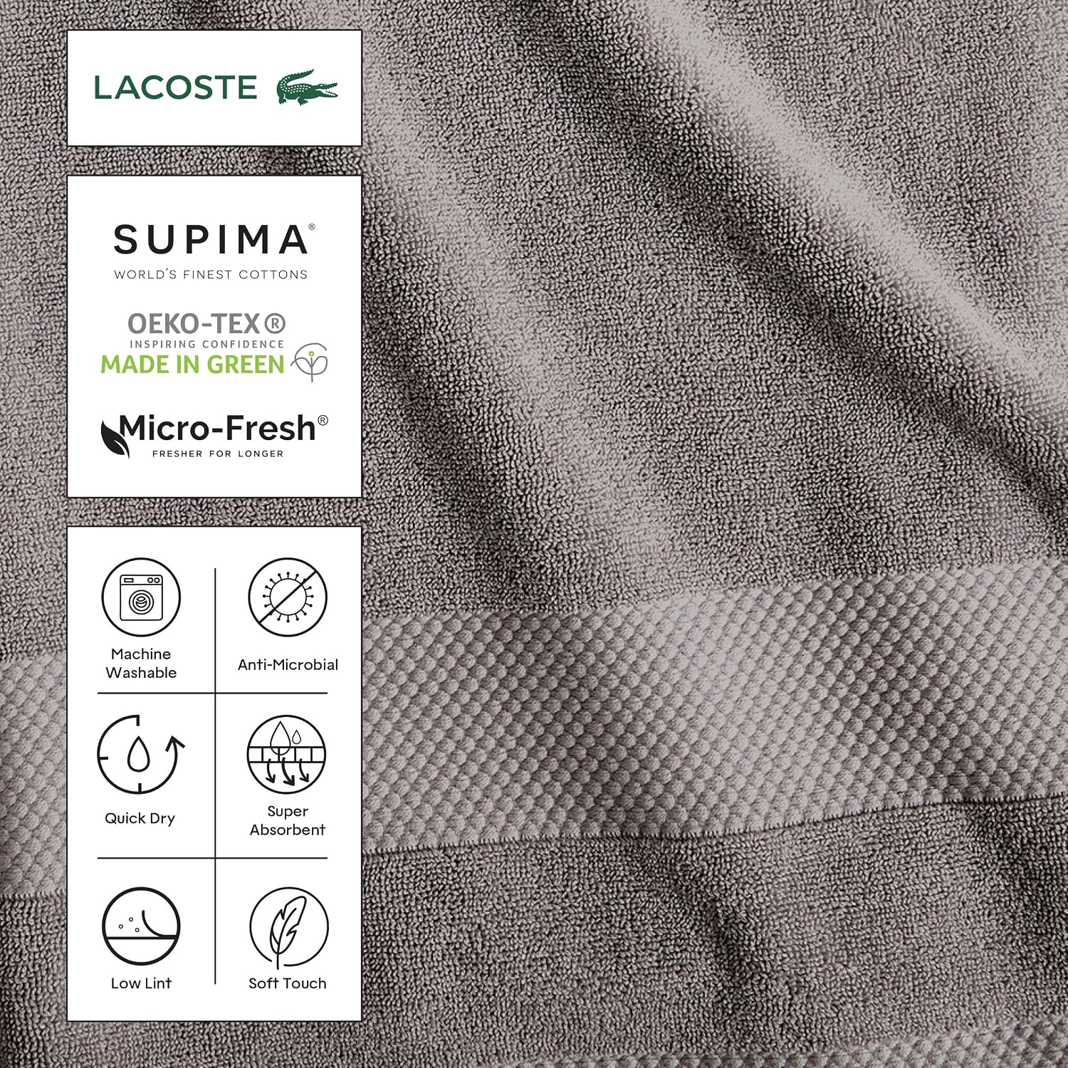 Lacoste Heritage Supima Cotton Bath Towel, Aloe, 30' x 54' (Pack of 6)