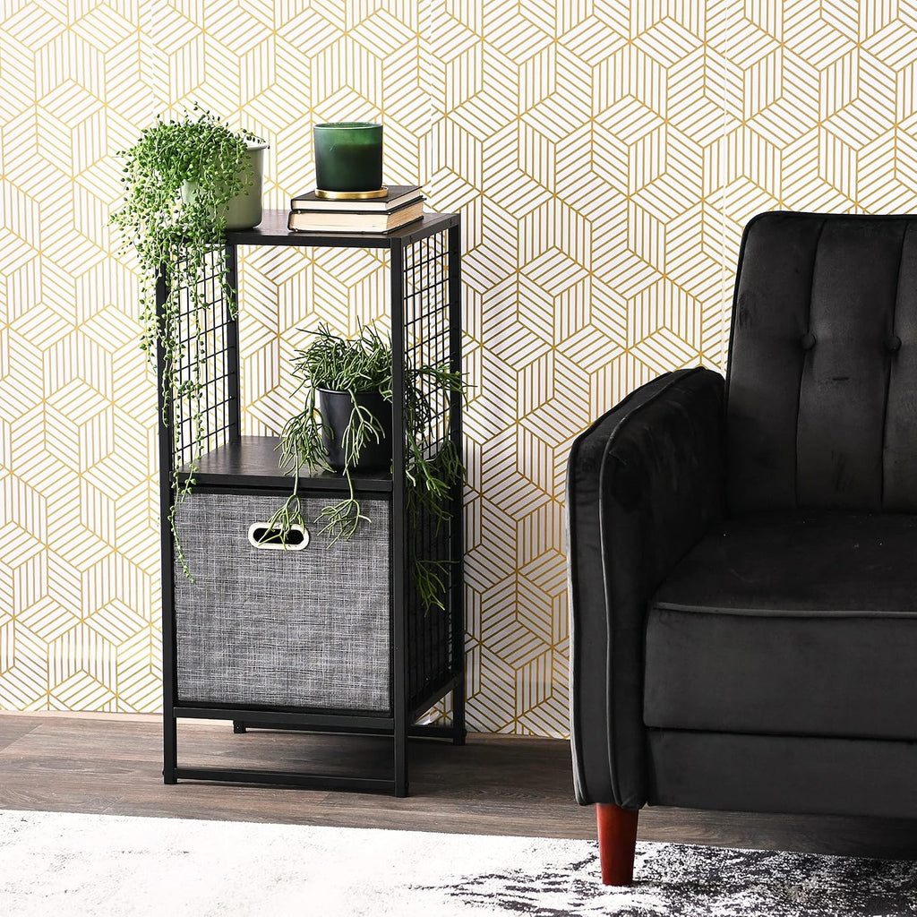 Household Essentials Trellis Open Storage Bookshelf with 2 Cube Compartments Black Oak Wood Grain and Black Metal