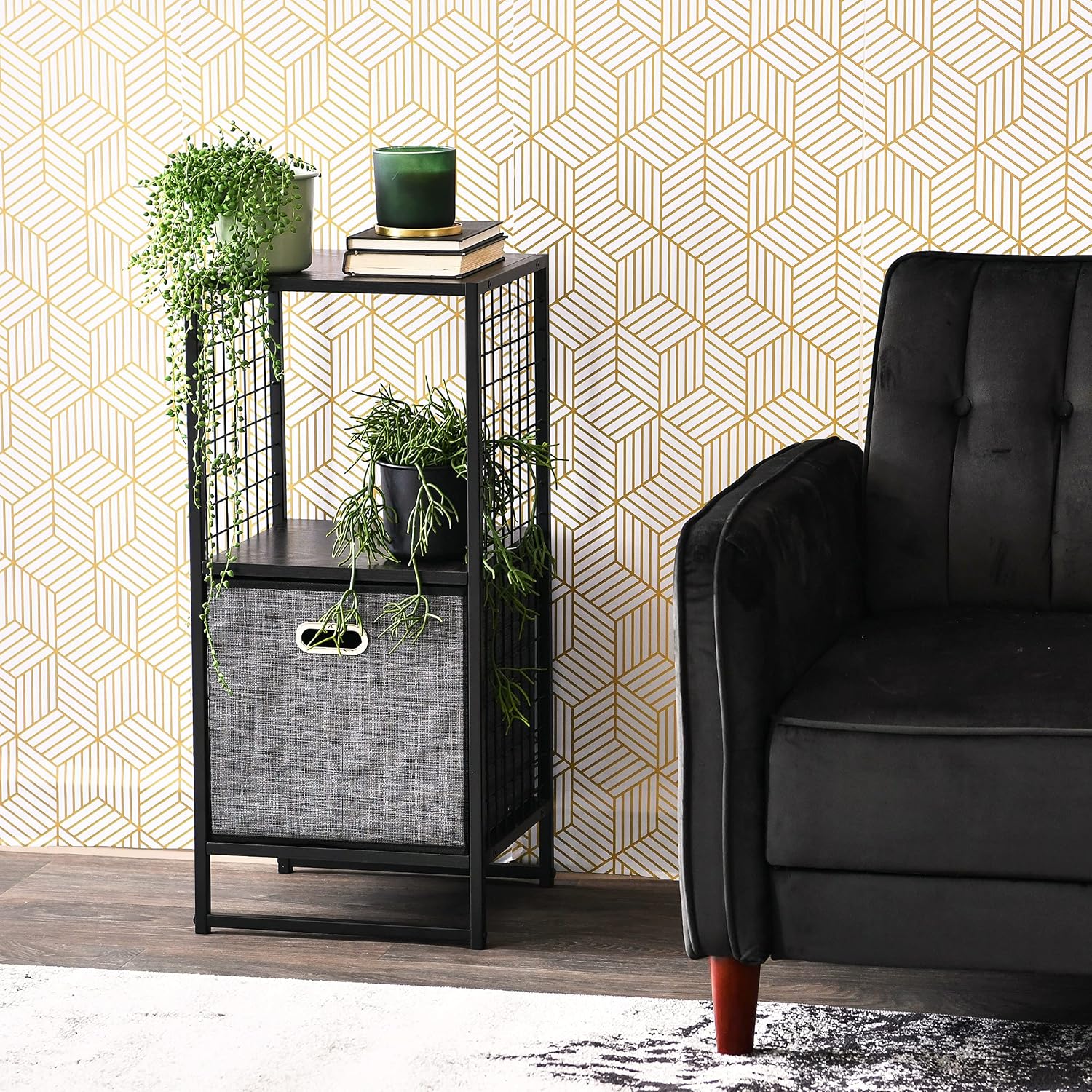 Household Essentials Trellis Open Storage Bookshelf with 2 Cube Compartments Black Oak Wood Grain and Black Metal