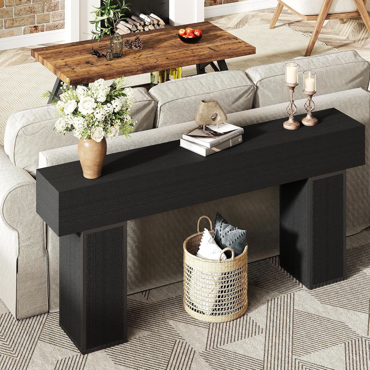knoworld 70.9-Inch Long Console Table, Wooden Sofa Table Behind Couch Tables, Farmhouse Entryway Table Accent Table for Entrance, Hallway, Living Room, Foyer, Black
