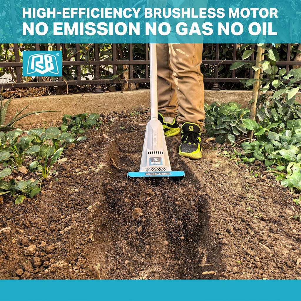 RB 40V Cordless Tiller Cultivator with Battery for Narrow Garden Areas | 8-inch tilling width & 7-inch depth. Foldable design for small gardens. For soil cultivation, raised beds, and narrow rows.