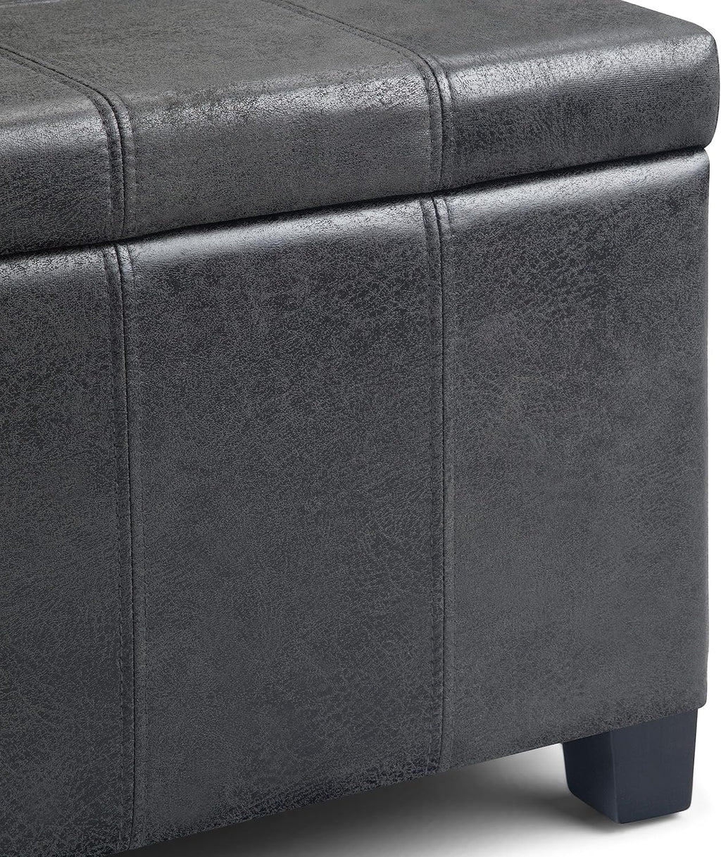 SIMPLIHOME Dover Storage Ottoman Bench - 36 inch Wide Upholstered Vegan Leather Rectangular Lift-Top Ottoman in Distressed Black, Contemporary Bench for Living Room with Safety Hinges