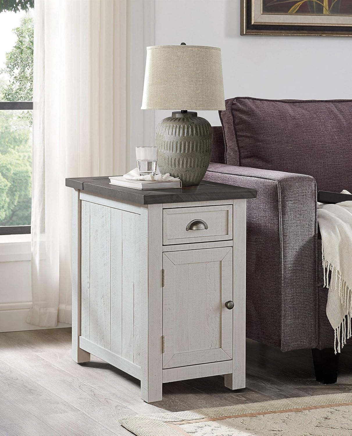 Martin Svensson Home Monterey Chairside Table - White with Grey Top - Coastal Multi-Use Table with Charging Station and Drawer for Bedroom or Living Room