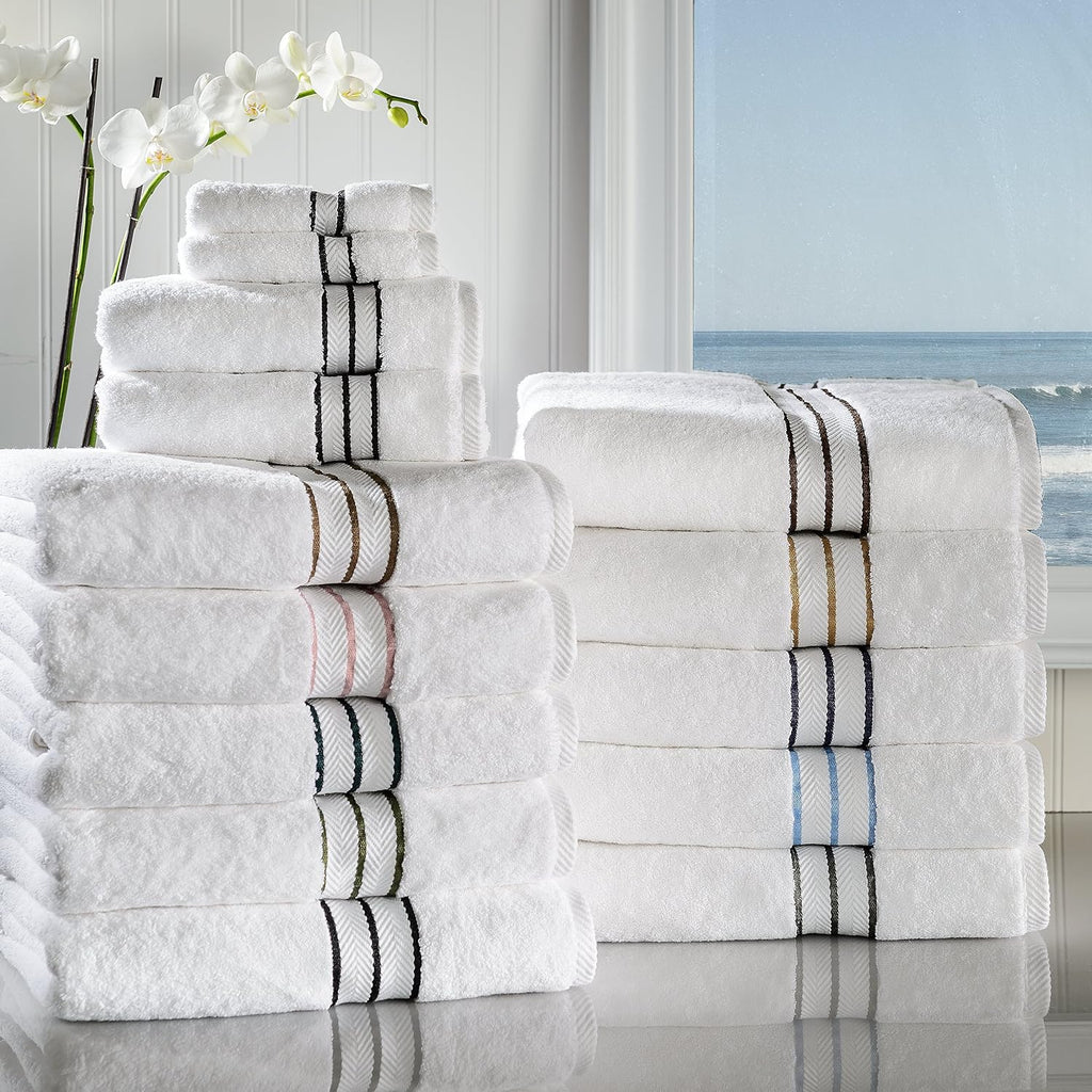 Superior Hotel Turkish Cotton 10 Piece Towel Set, Ultra Plush Spa Quality Heavyweight Essentials for Bathroom, Thick Absorbent and Soft, Dobby Border, Includes 2 Bath 4 Hand 4 Washcloths, Light Blue
