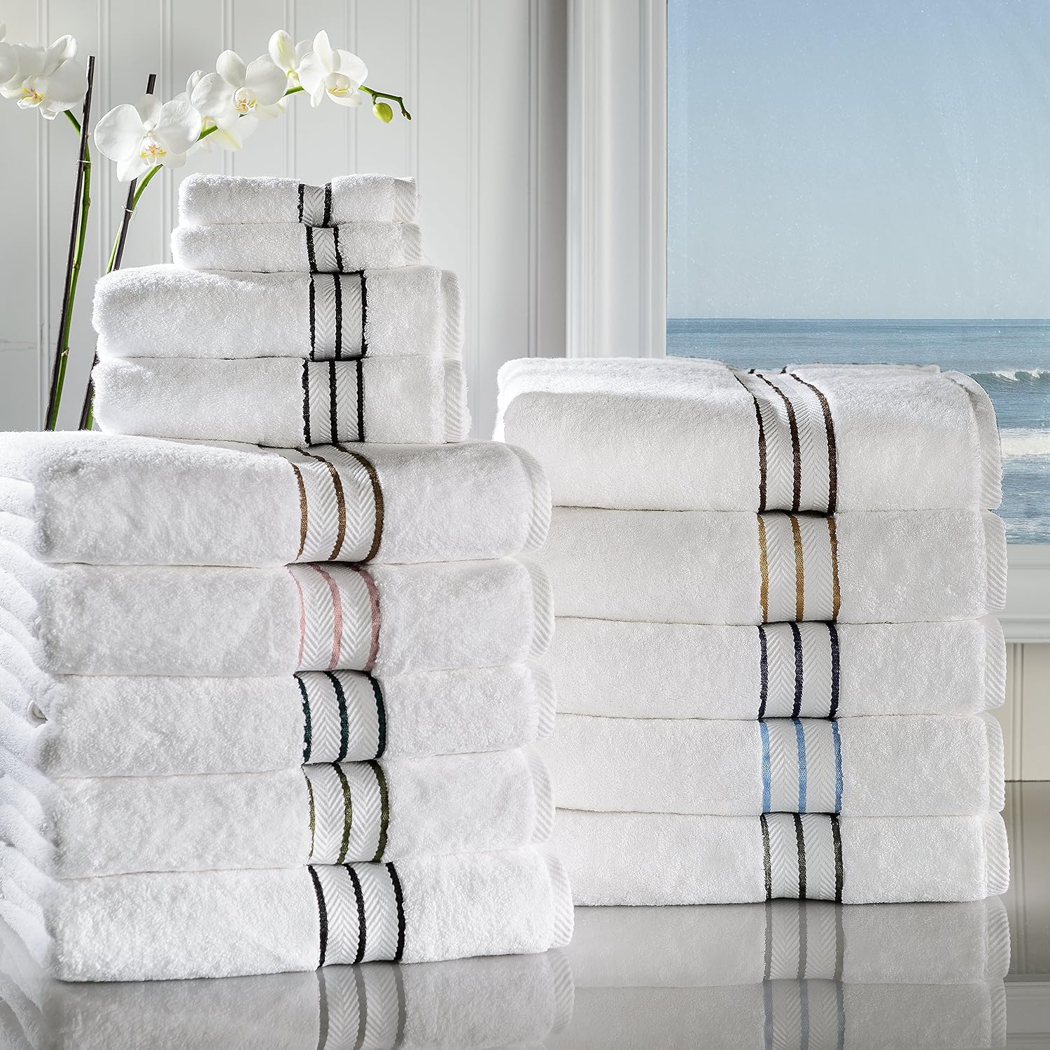Superior Hotel Turkish Cotton 10 Piece Towel Set, Ultra Plush Spa Quality Heavyweight Essentials for Bathroom, Thick Absorbent and Soft, Dobby Border, Includes 2 Bath 4 Hand 4 Washcloths, Light Blue