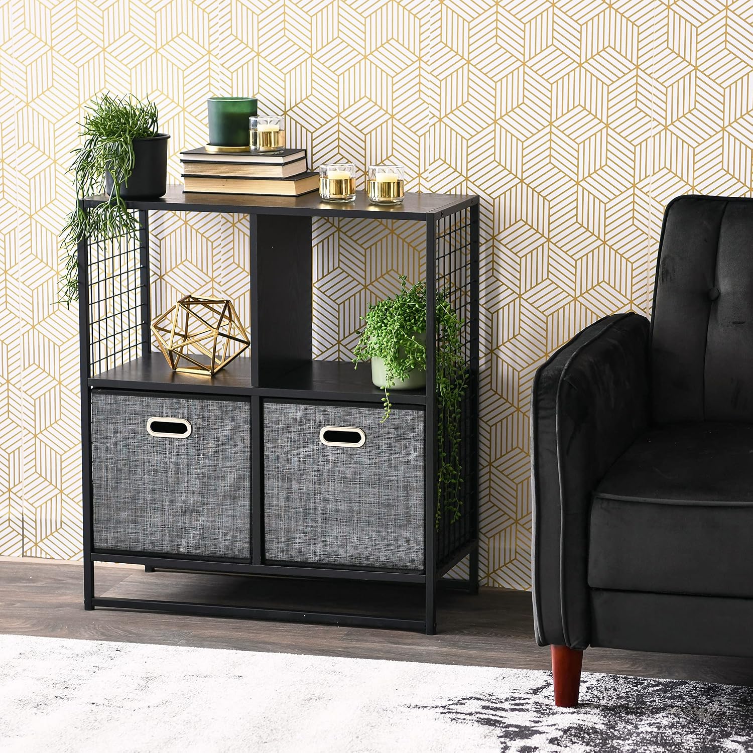 Household Essentials Black Oak & Iron 4-Cube Display Shelf